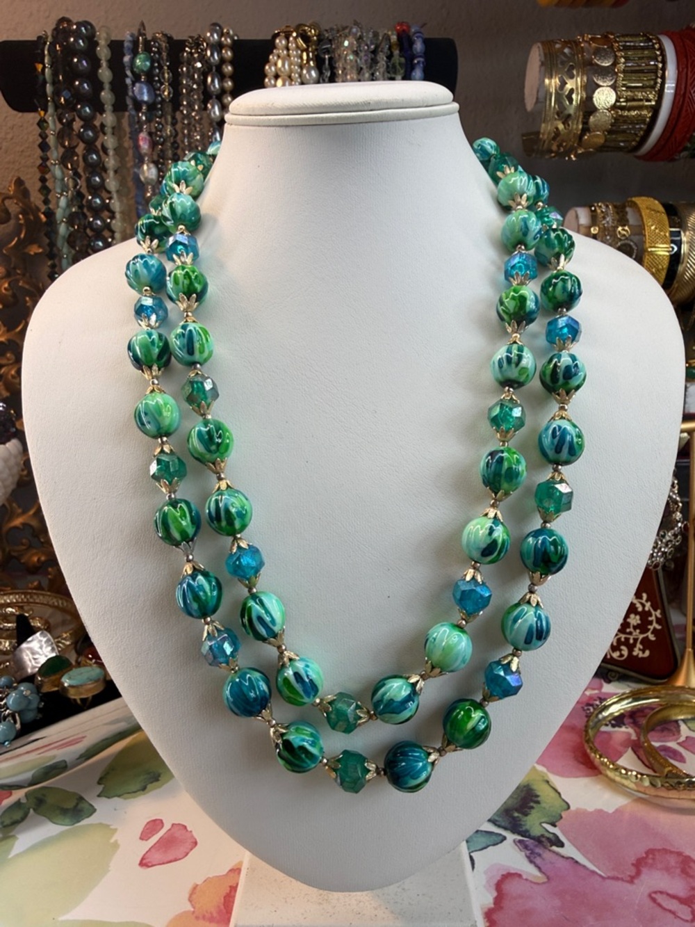 Vintage Hong Kong Green & Blue Swirl Double-Strand Beaded Necklace